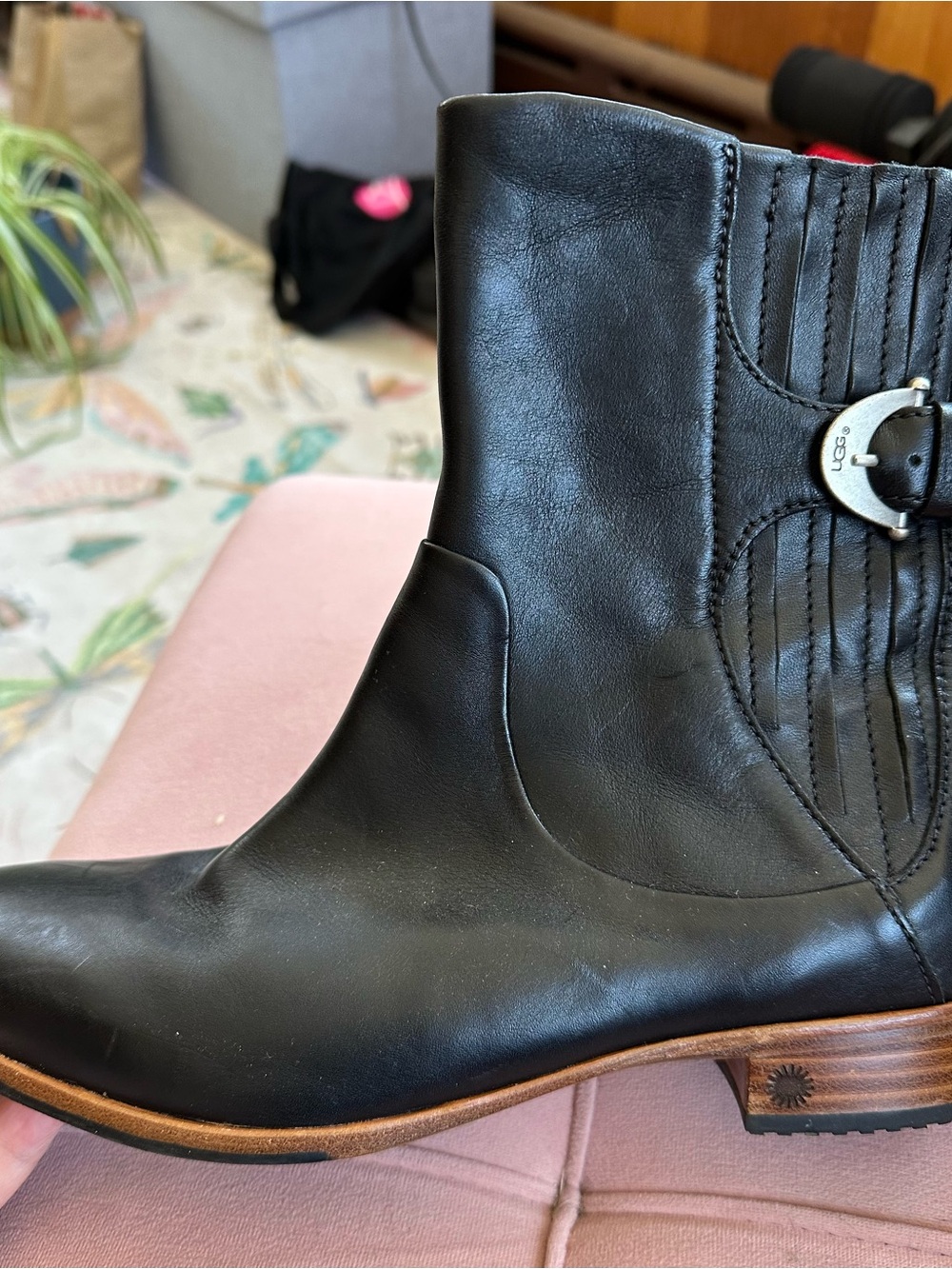 UGG Finnegan Black Leather Ankle Boot with Decorative Buckle